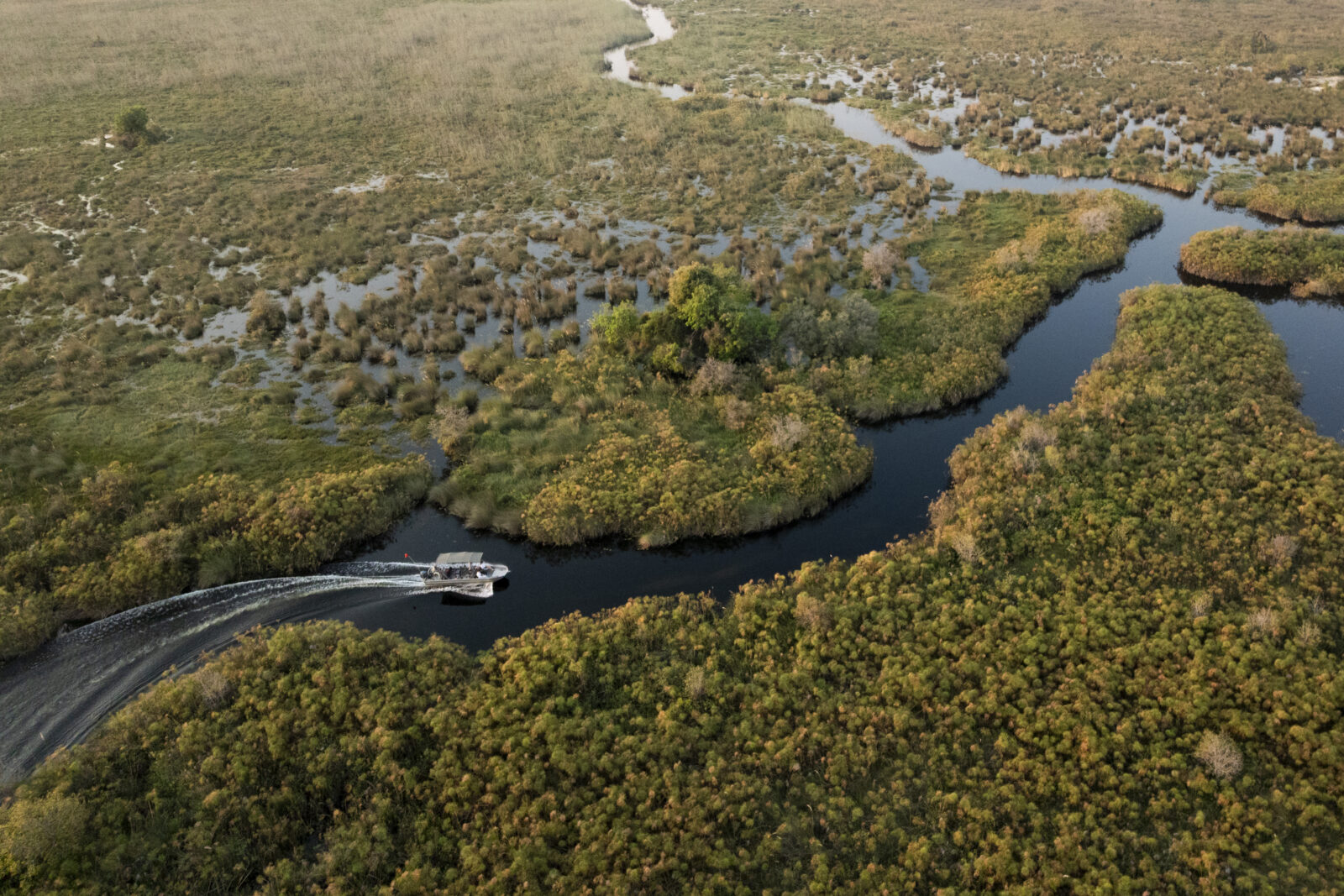 Boat safari travelling through the Okavango Delta, Botswana, by Desert & Delta Safaris.